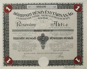 Bőripari Részvénytársaság részvény 15 pengő 1926 Győr