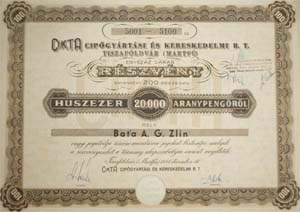 CIKTA Cipőgyártási és Kereskedelmi Részvénytársaság Tiszaföldvár  20000 pengő 1941