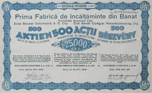 Első Bánáti Cipőgyár Részvénytársaság részvény 25000 lei 1938 Kolozsvár