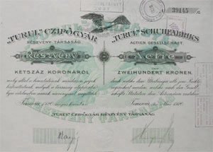Turul Czipőgyár Részvénytársaság részvény 200 korona 1920 Temesvár