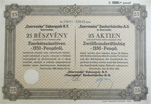 Cservenka Cukorgyár Részvénytársaság részvény 25x500 1250 pengő 1942