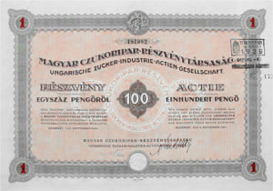Magyar Czukoripari Részvénytársaság  részvény 100 pengő 1941