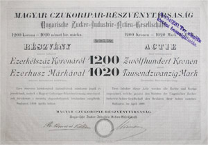 Magyar Czukoripari Részvénytársaság részvény 1200 korona 1020 márka 1899