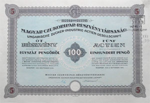 Magyar Czukoripari Részvénytársaság  részvény 5x100 pengő 1941