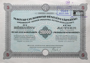 Magyar Czukoripari Részvénytársaság  5 x 20000 korona 1924