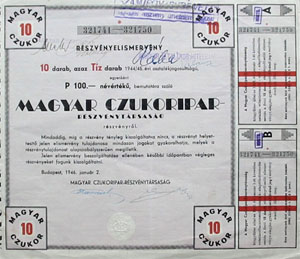 Magyar Czukoripari Részvénytársaság részvényelismervény 10x100 1000 pengő 1946