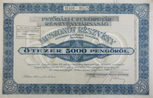 Petőházi Czukorgyár Részvénytársaság részvény 25x200 5000 pengő 1926 Petőháza