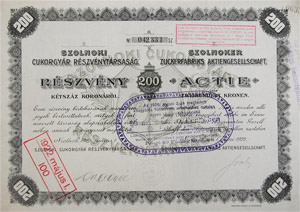 Szolnoki Cukorgyár Részvénytársaság részvény 200 korona 1922 Szolnok