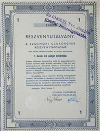Szolnoki Czukorgyár Részvénytársaság részvényutalvány 35 pengo 1946
