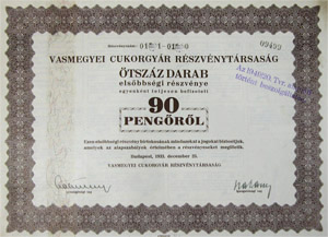 Vasmegyei Cukorgyár Részvénytársaság elsőbbségi részvény 500x90 45000 pengő 1933