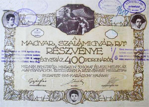 Magyar Szalámigyár Részvénytársaság részvény 400 korona 1916