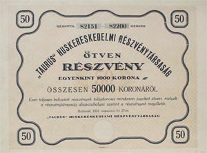 Taurus Húskereskedelmi Részvénytársaság 50x1000 (50000) korona 1923