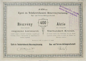 Építő és Telekértékesítő Részvénytársaság részvény 400 korona 1907