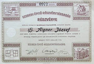 Szegedi Építő Részvénytársaság részvény  2000 korona 1920