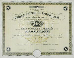 Tóvárosi Fatelep és Építővállalat Részvénytársaság részvény 200 pengő 1926 Tóváros