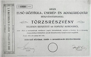 Aradi Első Gőztégla-, Cserép-, és Agyagárugyár  Részvénytársaság törzsrészvény  100 korona 1913 Arad