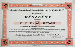 Árpád-Annatelepi Homokbánya és Építő Részvénytársaság részvény 25x10 250 pengő 1926