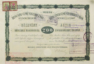 Beocsini Cementgyári Unió Részvénytársaság részvény 200 korona 1906