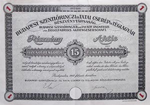 Budapest-Szentlőrinci és Tatai Cserép- és Téglagyár  Részvénytársaság részvény 15 pengő 1927