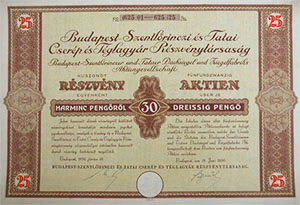 Budapest-Szentlőrinci és Tatai Cserép- és Téglagyár  Részvénytársaság részvény 25x30 750 pengő 1936
