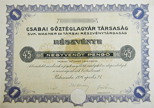 Csabai Gőztéglagyár Társaság, Suk, Wagner és Társai  Részvénytársaság részvény 45 pengő 1926 Békéscsaba