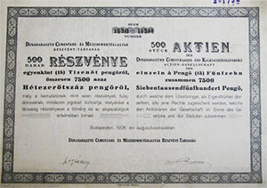 Dunaharaszti Cementáru- és Mészhomoktéglagyár Részvénytársaság részvény 500x15 7500 pengő 1928