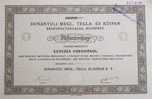Dunántúli Mész, Tégla- és Kőipar Részvénytársaság részvény 1000 korona 1922