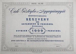 Érdi Gőztégla- és Agyagárugyár Részvénytársaság részvény 100x10 1000 pengő 1932