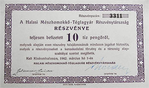 Halasi Mészhomokkő-Téglagyár Részvénytársaság részvény 10 pengő 1942 Kiskunhalas
