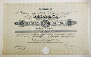 Hódmezővásárhelyi Első Gőztégla- és Cserépgyár  részvénytársaság részvény  200 korona 1917