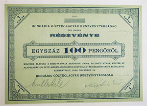 Hungária Gőztéglagyár Részvénytársaság részvény 100 pengő 1932 Szombathely