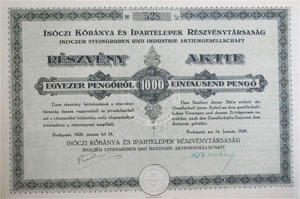 Inóczi Kőbánya- és Ipartelepek Részvénytársaság részvény 1000 pengő 1928