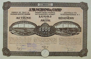 J. Muschong &amp; Comp. Gőztégla- és Tetőcserépgyárak Részvénytársaság részvény 1000 lei 1925 Lugos