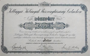Jobbágyii Kőbányák Részvénytársaság Szolnokon részvény 400 korona 1913 Szolnok