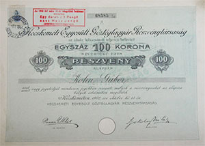 Kecskeméti Egyesült Gőztéglagyár Részvénytársaság részvény 100 korona 1902