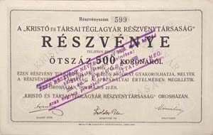 Kristó és Társai Téglagyár Részvénytársaság részvény 500 korona 1920 Orosháza