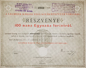 Lechner Rákosi Téglagyár Részvénytársaság részvény 100 forint 1895