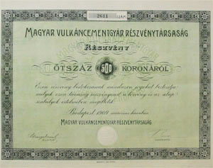 Magyar Vulkáncementgyár Részvénytársaság részvény 500 korona 1909