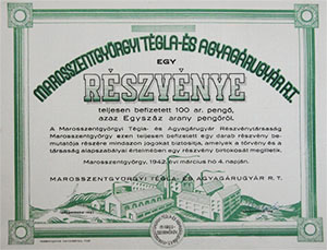 Marosszentgyörgyi Tégla- és Agyagárugyár Részvénytársaság részvény 100 arany pengő  1942