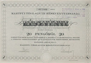 Martfűi Téglagyár Részvénytársaság részvény 20 pengő 1926