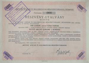 Meteor Kőipari és Malomkőgyár Részvénytársaság részvény-utalvány 2000000 korona 1924
