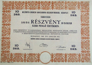 Mezőnyék-Ládházai Kavicsbánya Részvénytársaság részvény 10x100 1000 pengő 1943