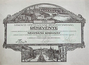 Miskolczi Gőztéglagyár Részvénytársaság  részvény 400  korona 1920 Miskolc