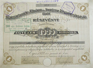 Monosbélvidéki Kőbánya és Iparüzem Részvénytársaság részvény 1000 korona 1922 Eger