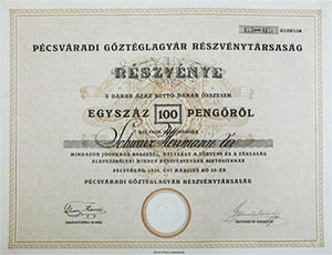 Pécsváradi Gőztéglagyár Részvénytársaság részvény  2x50 100 pengő 1926 Pécsvárad