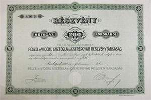 Perczel és Vidéke Gőztégla- és Cserépgyár Részvénytársaság részvény 200 korona 1911