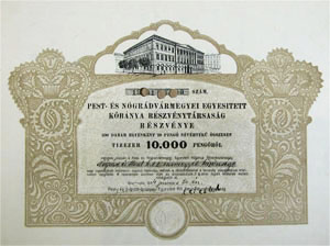 Pest- és Nógrádvármegyei Egyesített Kőbánya Részvénytársaság részvény 500x20 10000 pengő 1934 Szentendre