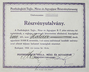 Pesthidegkuti Tégla-, Mész- és Agyagipar Részvénytársaság részvény  10000 korona 1924