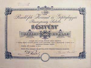Raichl-féle Keramit és Géptéglagyár Részvénytársaság részvény 500 korona 1907