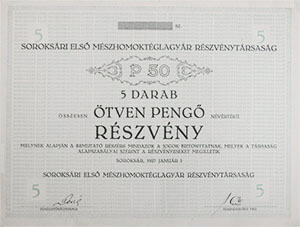 Soroksári Első Mészhomok-Téglagyár Részvénytársaság részvény 5x10  50 pengő 1927 Soroksár